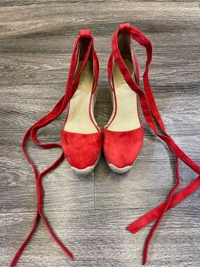 RAYE Dahlia Red Ruby Suede Lace-Up Espadrille Wedges